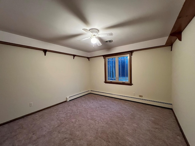 unfurnished room with carpet floors, a baseboard radiator, and ceiling fan