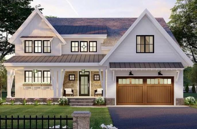 modern inspired farmhouse with a garage, a porch, and a front yard