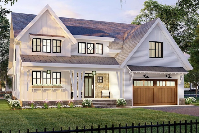 38 N Bay Ave, Eastport, NY 11941 - modern farmhouse style home featuring a yard, covered porch, and a garage