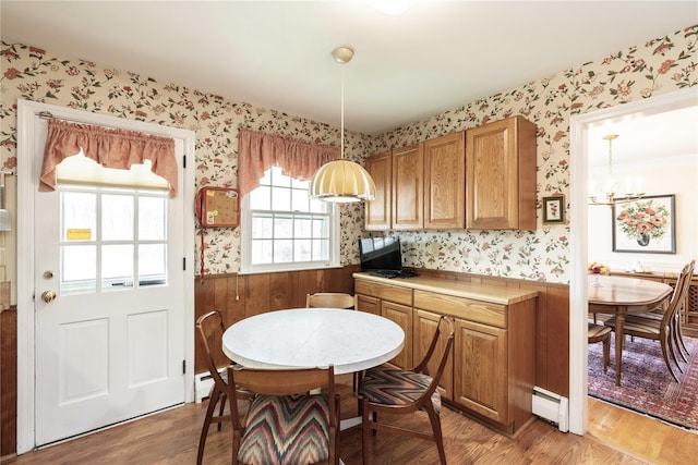 kitchen with hardwood / wood-style floors, an inviting chandelier, decorative light fixtures, and a baseboard radiator