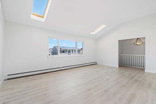 unfurnished room featuring baseboard heating, lofted ceiling with skylight, and light hardwood / wood-style floors