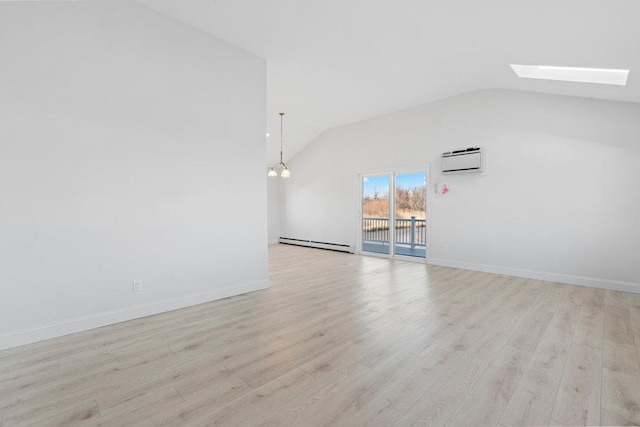 unfurnished living room featuring lofted ceiling with skylight, light hardwood / wood-style floors, an AC wall unit, and a baseboard radiator