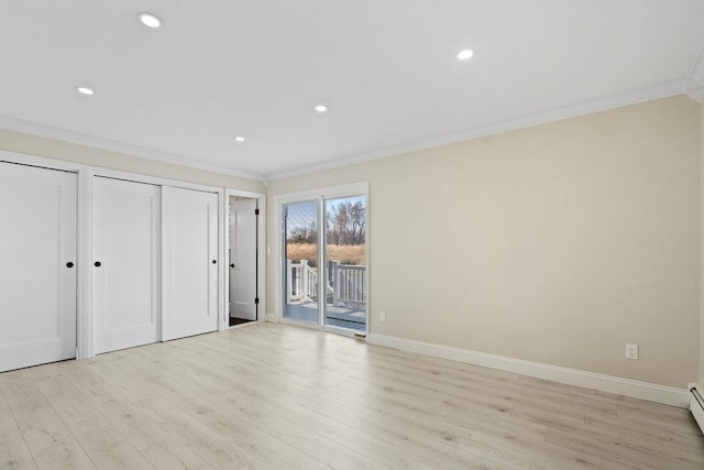 unfurnished bedroom with light wood-type flooring, ornamental molding, access to outside, and two closets