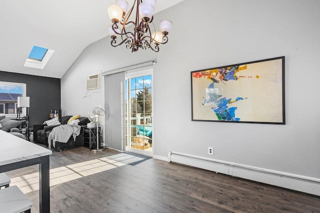 unfurnished dining area with dark wood-type flooring, an inviting chandelier, a baseboard heating unit, vaulted ceiling with skylight, and a wall mounted AC