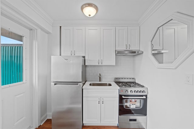 kitchen featuring white cabinets, sink, ornamental molding, tasteful backsplash, and stainless steel appliances