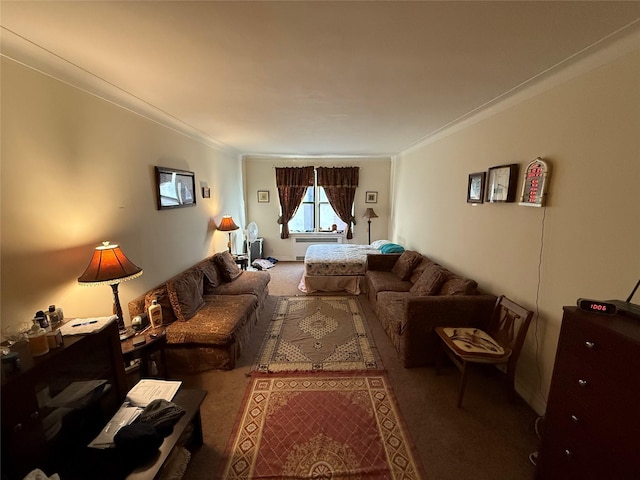 carpeted living room with crown molding