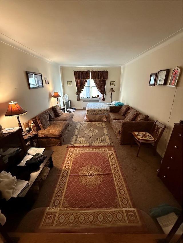 living room with carpet and ornamental molding