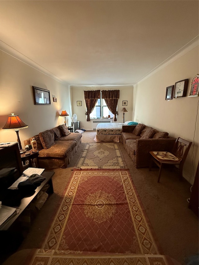 carpeted living room with crown molding