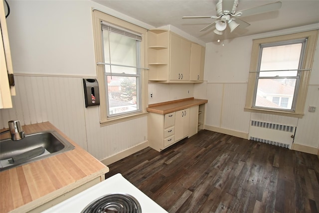 kitchen with radiator, cream cabinets, sink, dark hardwood / wood-style floors, and ceiling fan