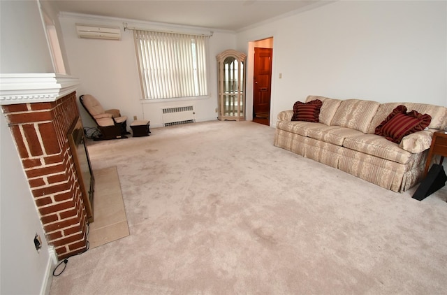 living room with radiator, light carpet, a wall mounted AC, and ornamental molding