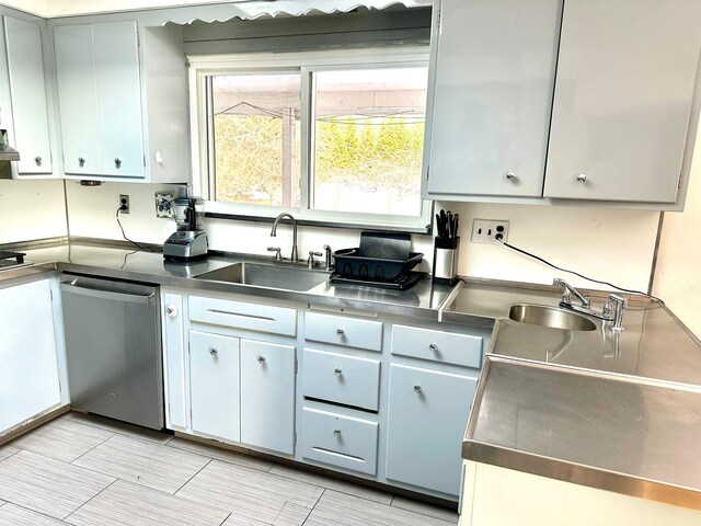 kitchen featuring stainless steel dishwasher, stainless steel counters, gray cabinetry, and sink