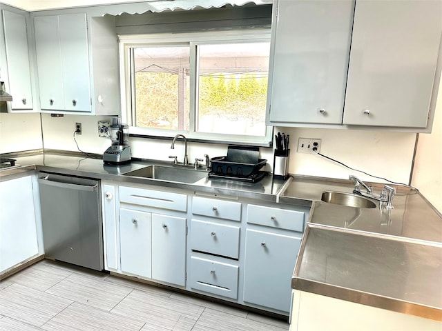 kitchen with gray cabinetry, stainless steel dishwasher, stainless steel counters, and sink