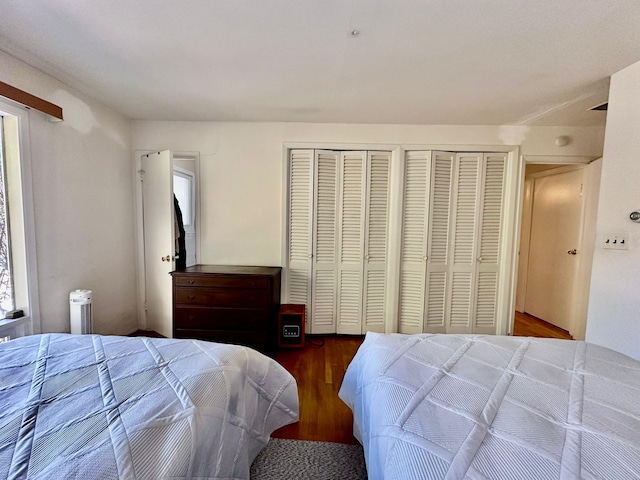 bedroom with hardwood / wood-style floors, radiator heating unit, and two closets