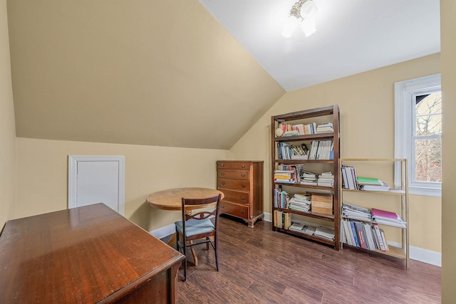 office space featuring lofted ceiling and dark hardwood / wood-style floors