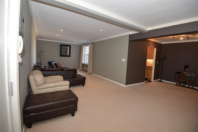 carpeted living room with crown molding