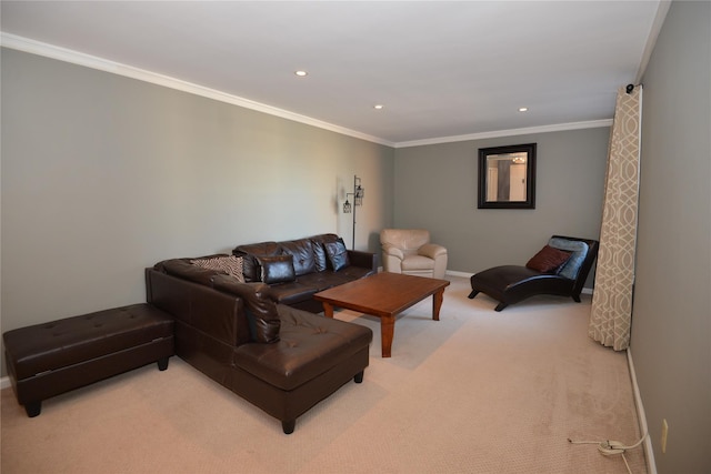 living room featuring carpet flooring and crown molding