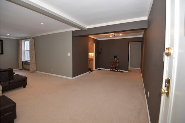 living room featuring beam ceiling, carpet floors, and crown molding