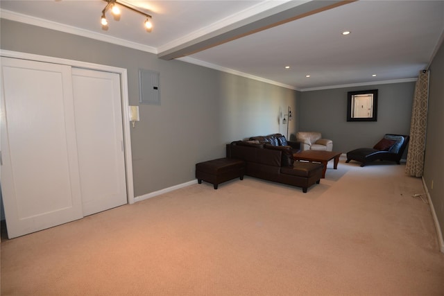 carpeted living room featuring beamed ceiling, electric panel, and crown molding