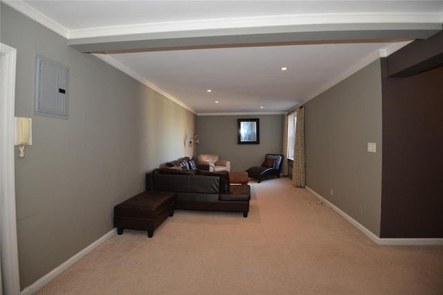 carpeted living room with crown molding and electric panel