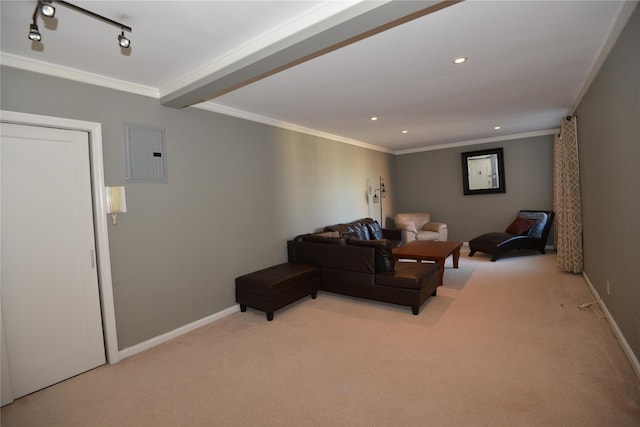 living room with rail lighting, light colored carpet, crown molding, beamed ceiling, and electric panel