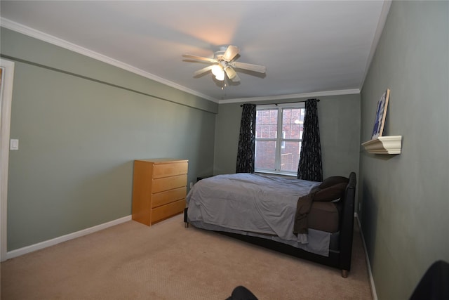 bedroom featuring light carpet, ceiling fan, and ornamental molding