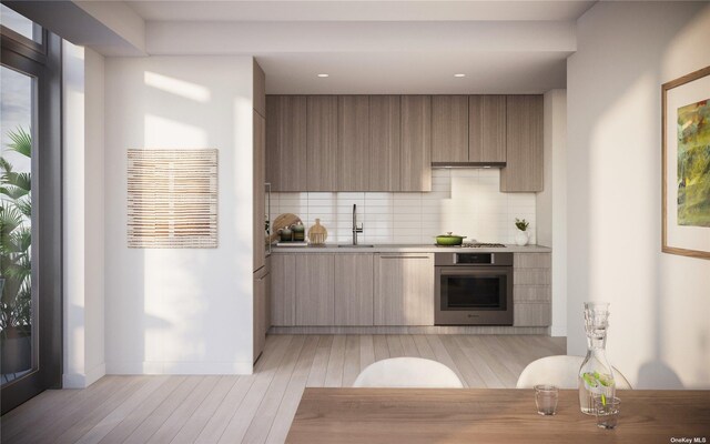 kitchen with backsplash, ventilation hood, sink, light hardwood / wood-style flooring, and stainless steel appliances