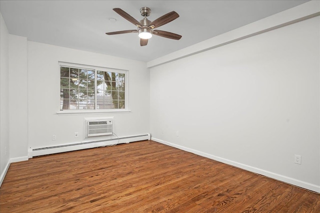 empty room featuring a wall mounted air conditioner, ceiling fan, hardwood / wood-style floors, and a baseboard radiator