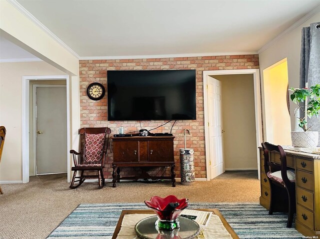 carpeted living room with crown molding and brick wall