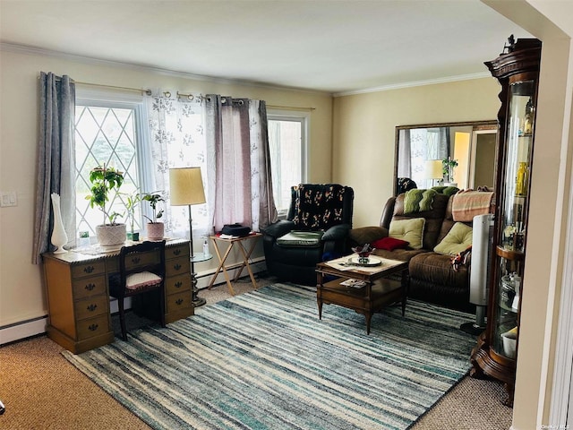 interior space featuring carpet, baseboard heating, and ornamental molding