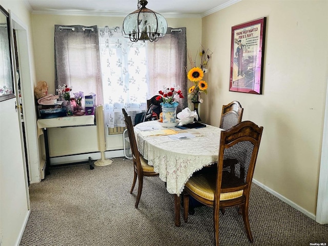 dining area featuring ornamental molding, carpet floors, a baseboard radiator, and a chandelier