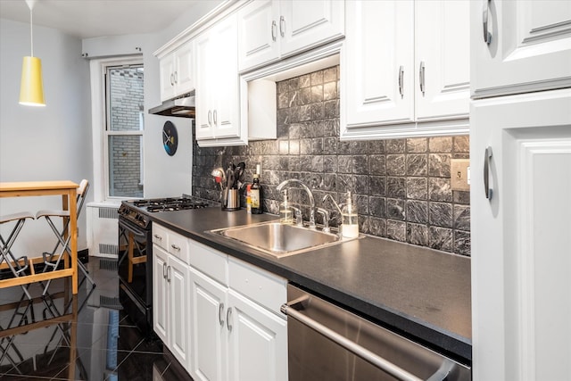 kitchen featuring exhaust hood, white cabinets, sink, stainless steel dishwasher, and black range with gas cooktop