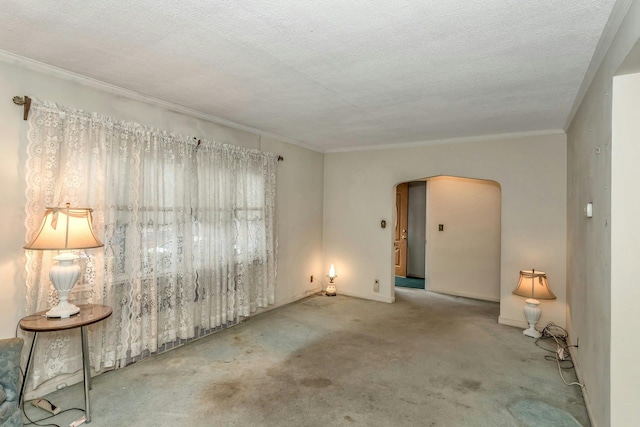 spare room featuring crown molding, carpet floors, and a textured ceiling