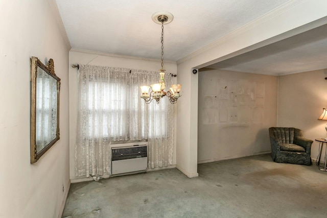 carpeted dining area with a notable chandelier, crown molding, and heating unit