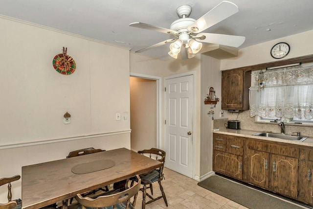 kitchen featuring dark brown cabinetry, ceiling fan, and sink