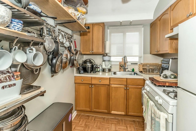 kitchen with white appliances, sink, range hood, and light parquet floors