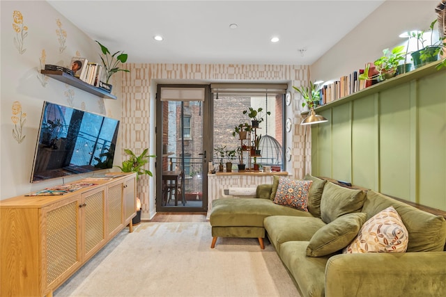 living room featuring light colored carpet