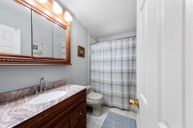 full bathroom featuring toilet, shower / tub combo, vanity, and tile patterned floors