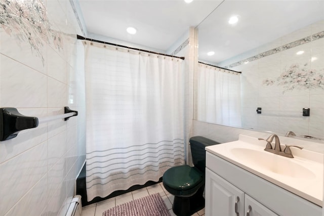 full bathroom with vanity, tile patterned floors, toilet, tile walls, and shower / tub combo