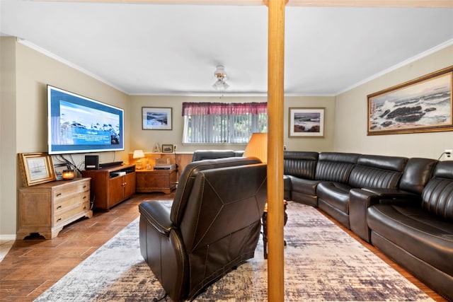 living room with crown molding