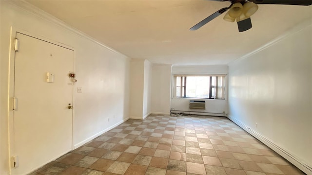 spare room featuring baseboard heating, ceiling fan, crown molding, and a wall mounted air conditioner