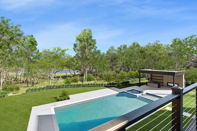 view of pool featuring a lawn, a patio, and an in ground hot tub