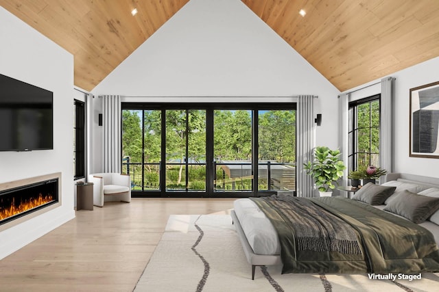 bedroom with high vaulted ceiling, wooden ceiling, and light hardwood / wood-style floors