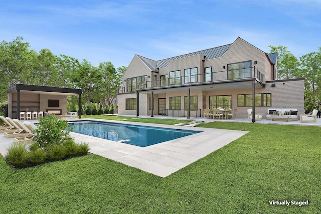 rear view of property featuring an outdoor pool, a balcony, metal roof, a standing seam roof, and a patio area