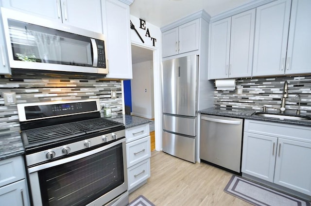 kitchen featuring sink, stainless steel appliances, tasteful backsplash, dark stone countertops, and light hardwood / wood-style floors