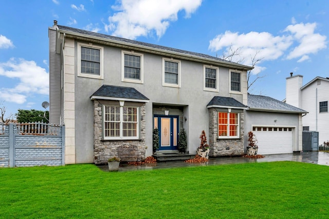 view of front facade featuring a front yard and a garage