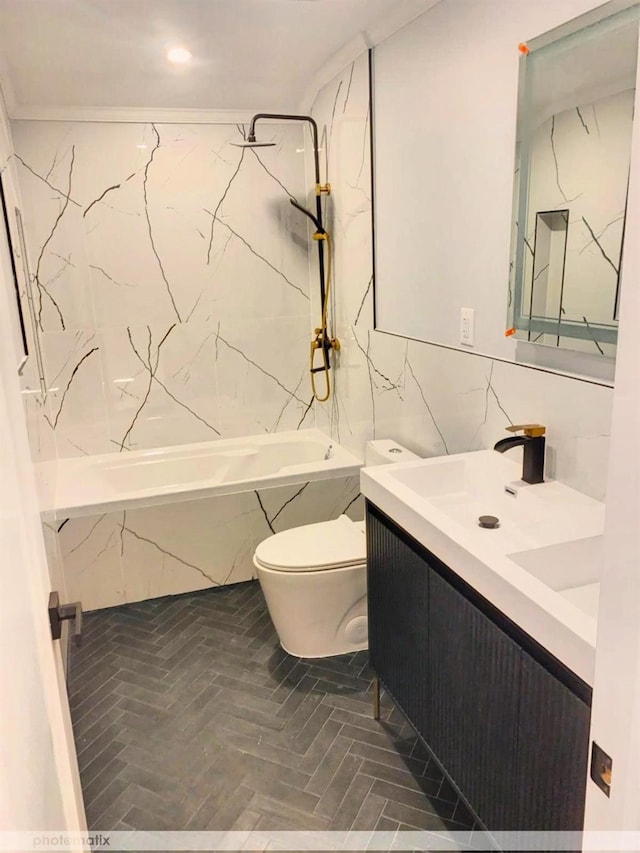 full bathroom with tasteful backsplash, parquet flooring, toilet, shower / tub combination, and vanity