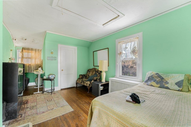 bedroom with radiator heating unit and dark wood-type flooring