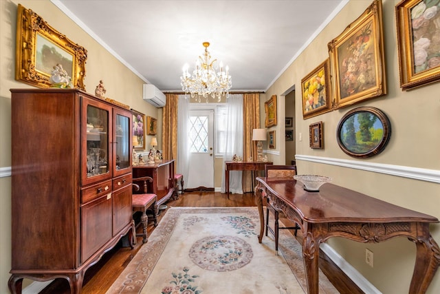 home office with dark wood-type flooring, a chandelier, crown molding, and an AC wall unit