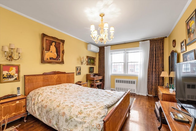 bedroom featuring a wall mounted AC, dark hardwood / wood-style flooring, radiator, a chandelier, and crown molding