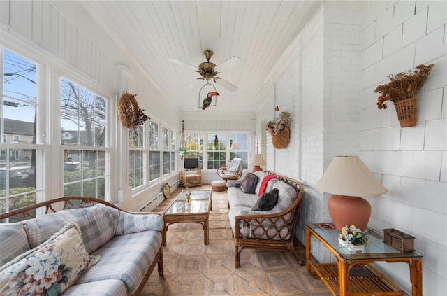 sunroom with ceiling fan and wood ceiling